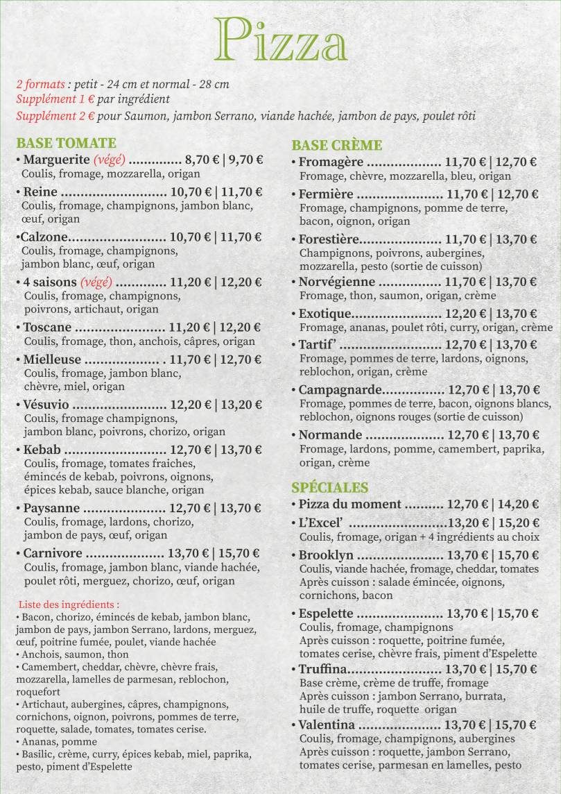 Menu de L'Excelsior Original Fouras