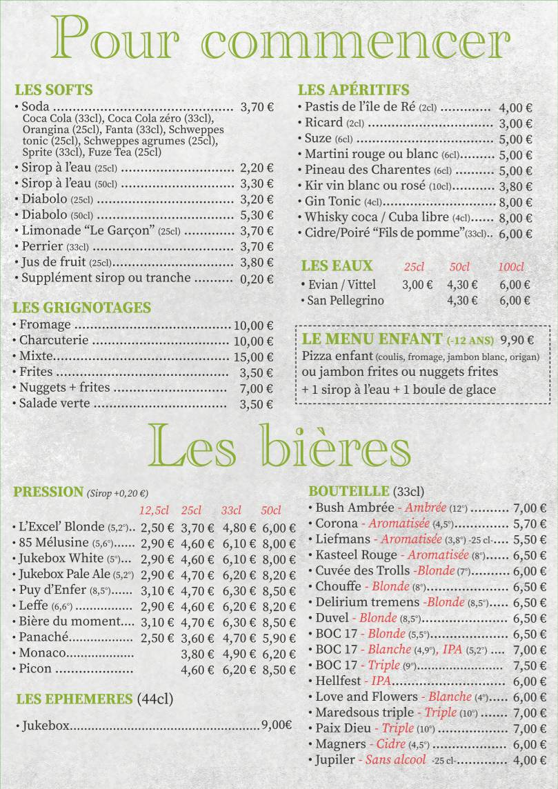 Menu de L'Excelsior Original Fouras