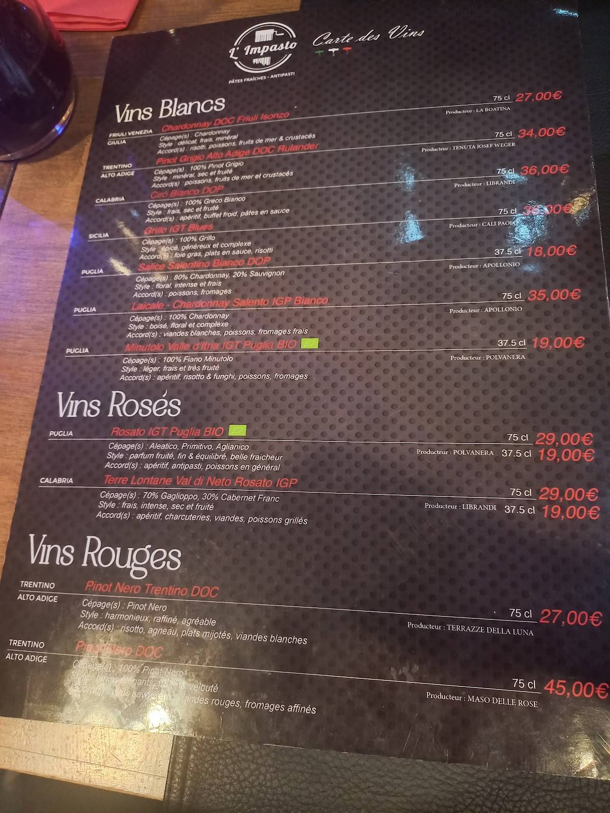 Menu de L’Impasto