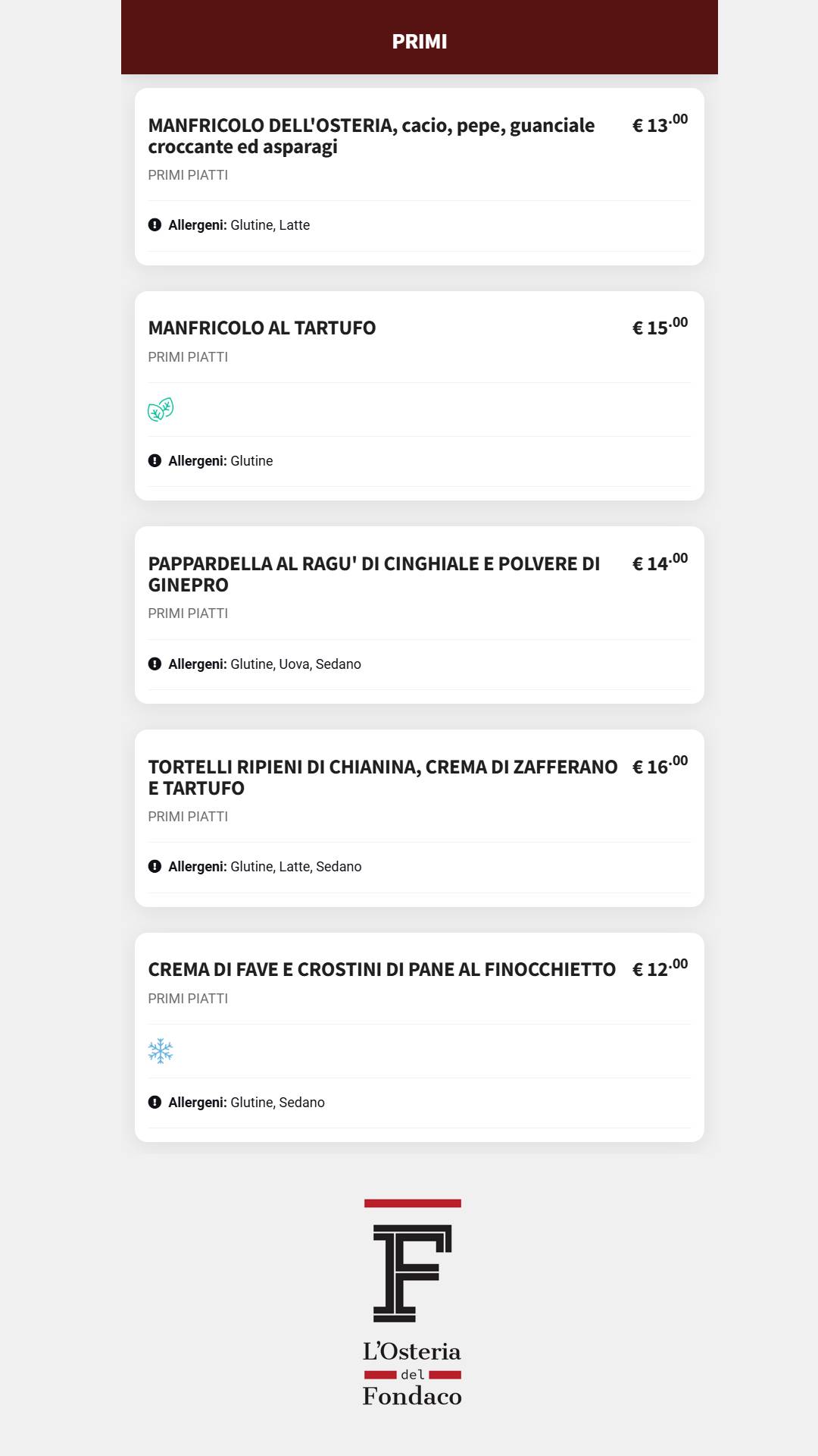 Menu di L'osteria Del Fondaco 