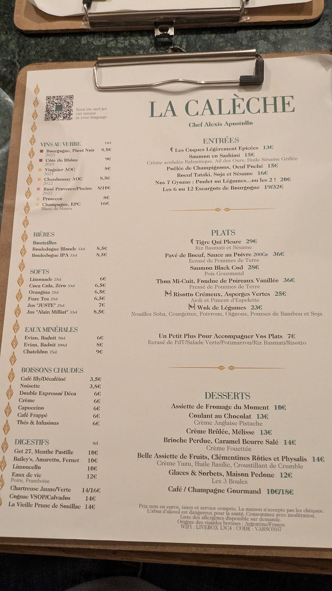 Menu de La Calèche