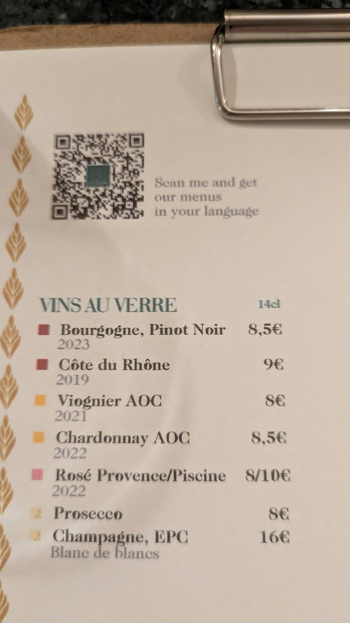Menu de La Calèche