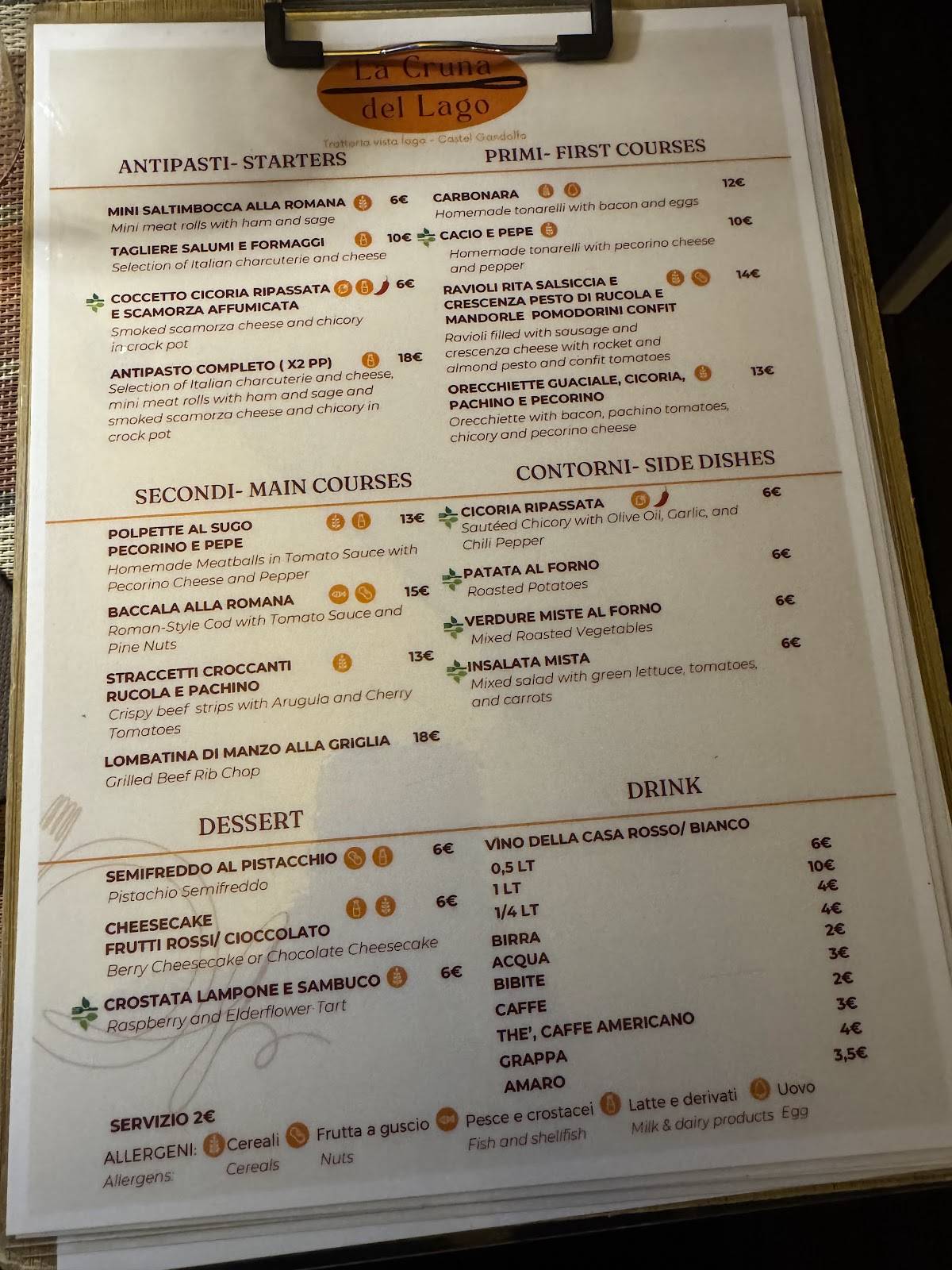 Menu di La Cruna del Lago 