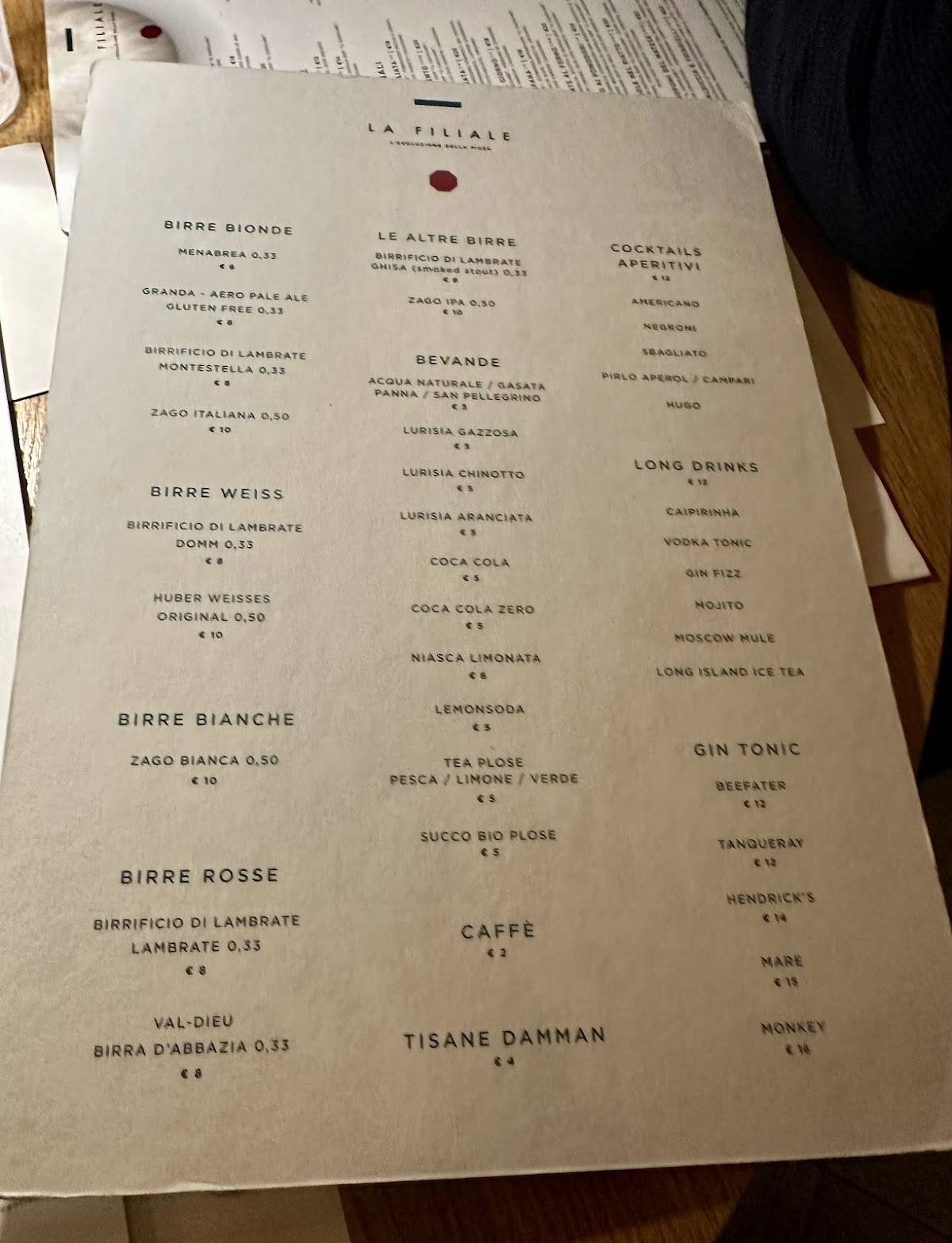 Menu di La Filiale 