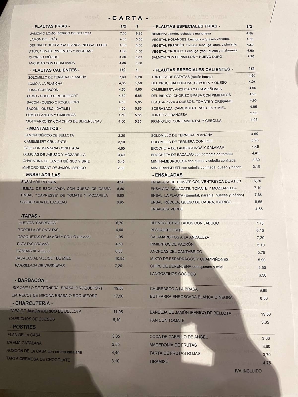 Menu at La Flauta Aribau restaurant, Barcelona, Carrer d'Aribau