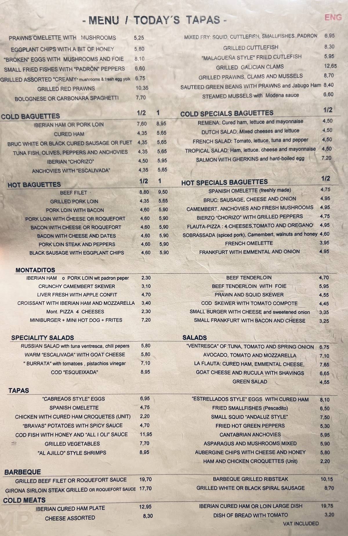 Menu at La Flauta Aribau restaurant, Barcelona, Carrer d'Aribau