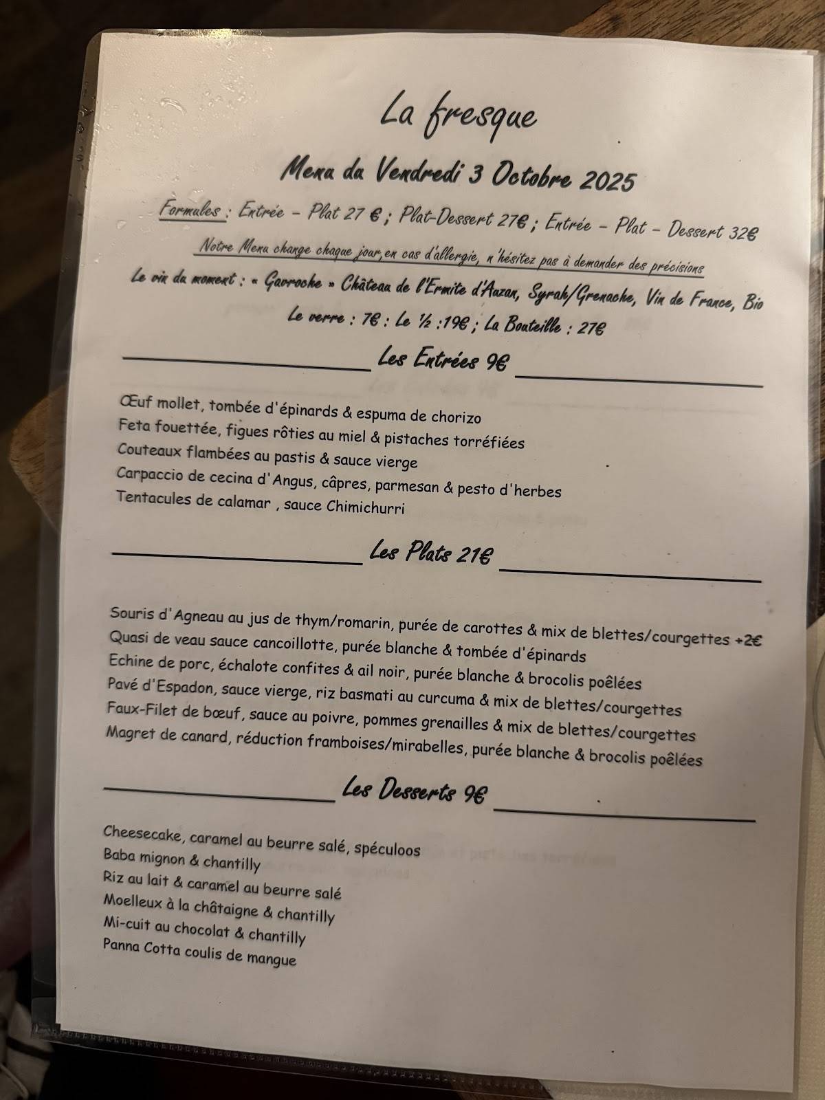 Menu de La Fresque