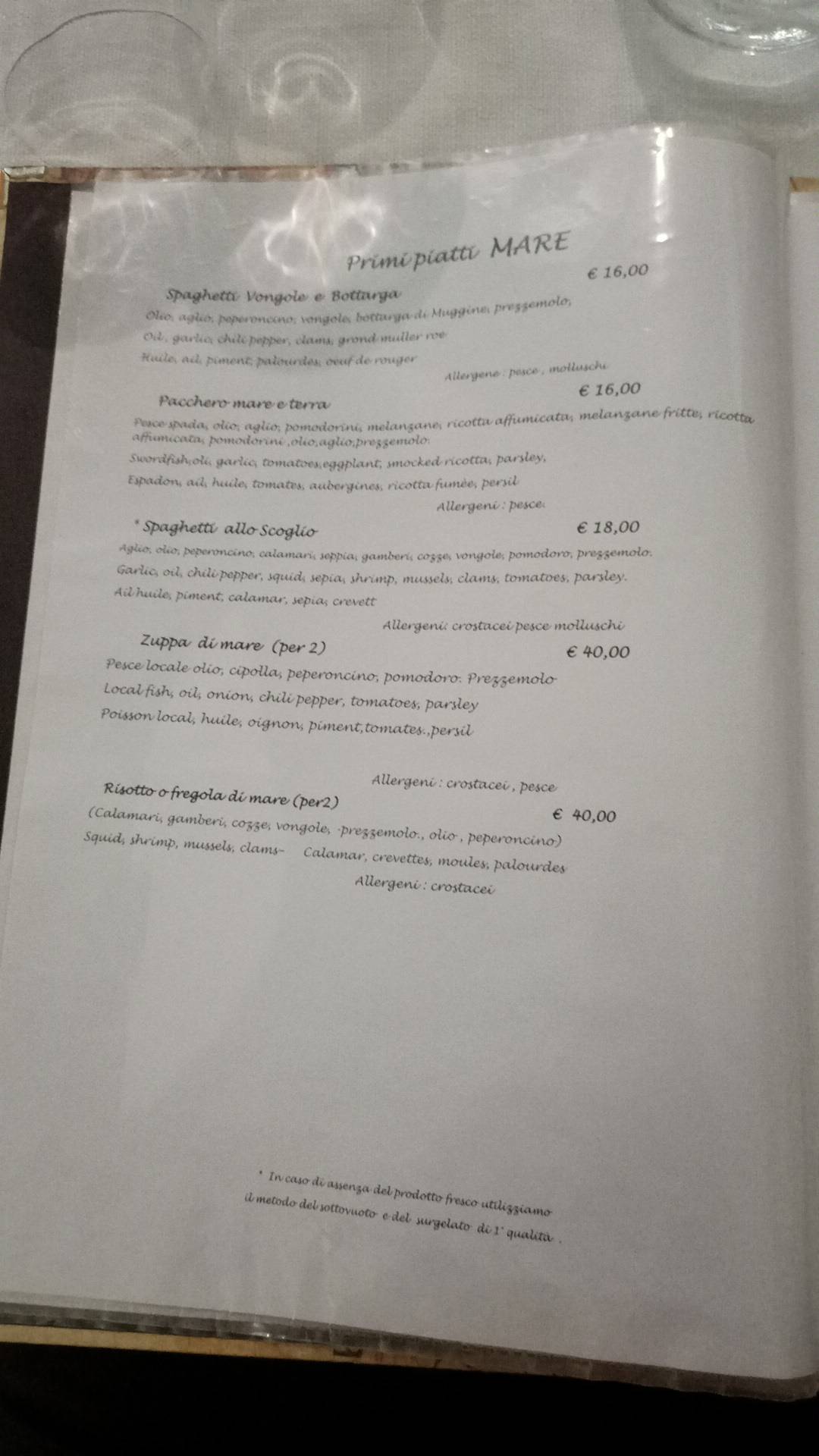 Menu au La Roca restaurant, La Maddalena