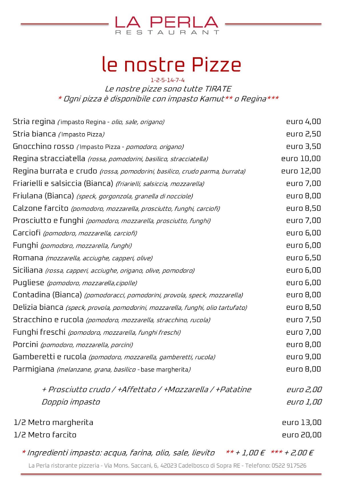 Menu da La Perla ristorante pizzeria, Cadelbosco di Sopra