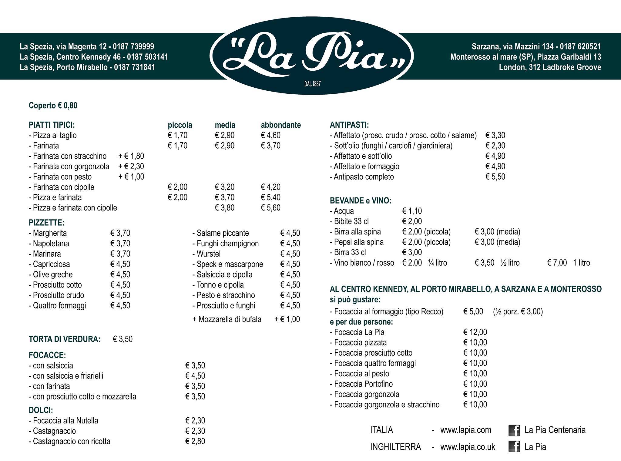 Menu di La Pia Centenaria 