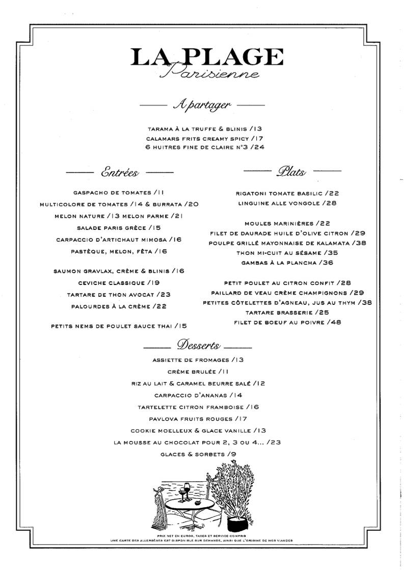 Menu de La Plage Parisienne
