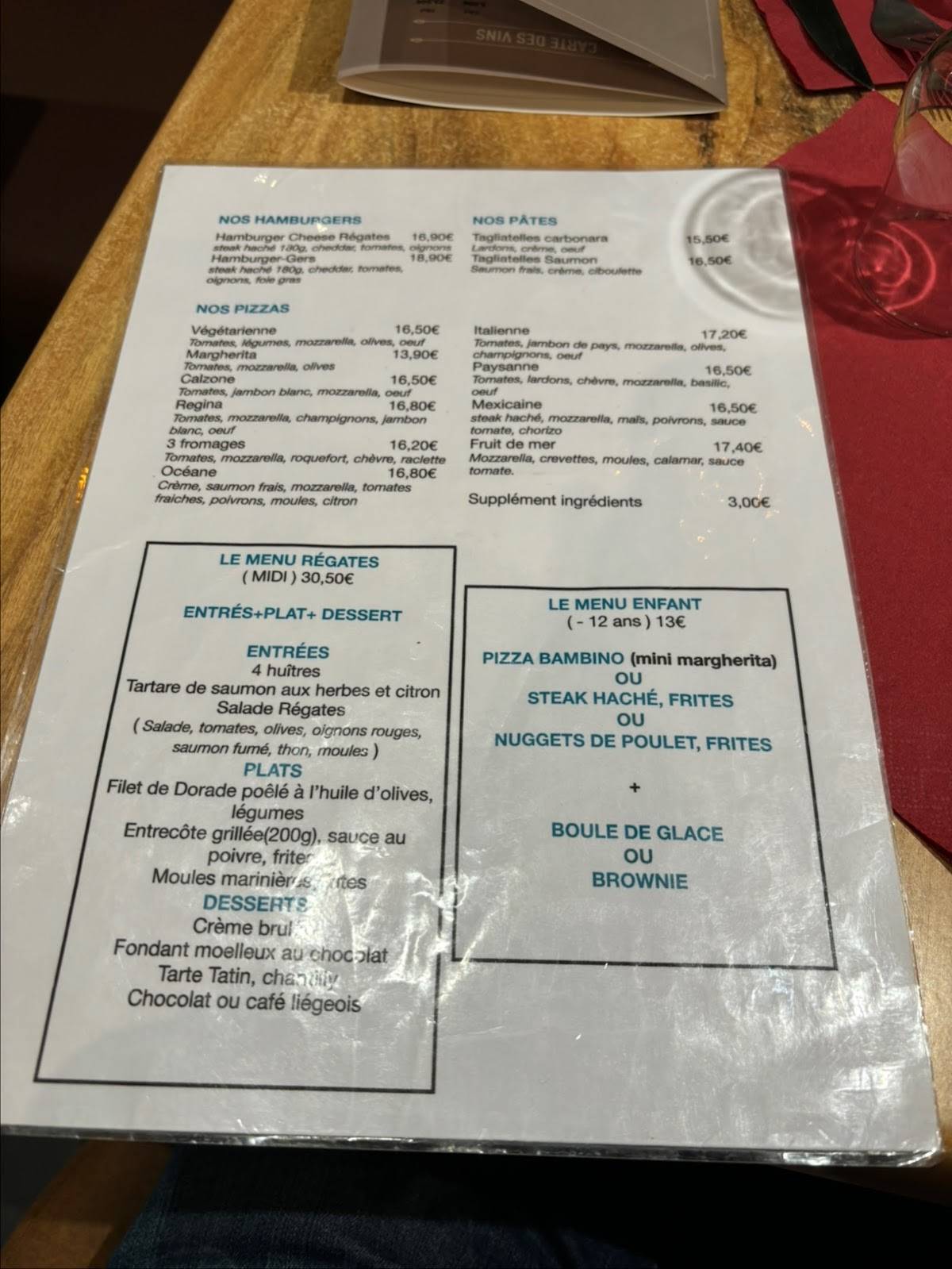 Menu de Les Régates