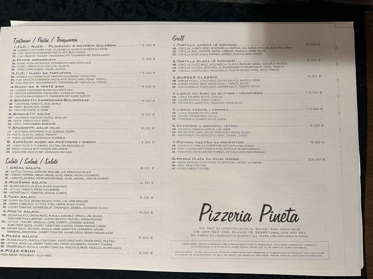 Menu di Pizzeria Pineta 
