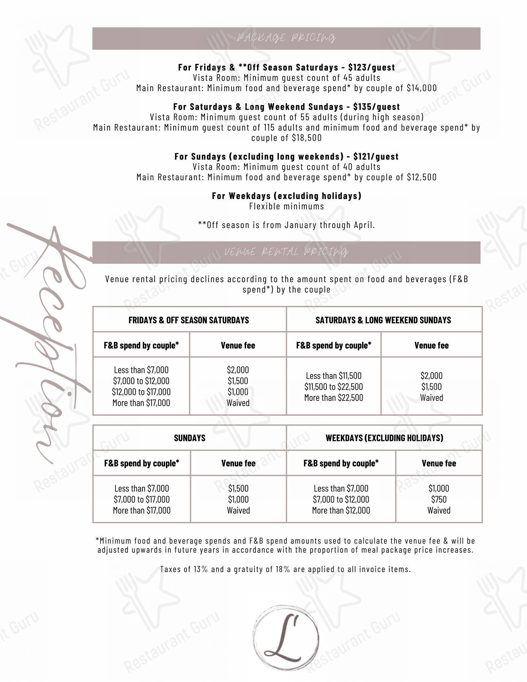 Menu pour Lago - Menu