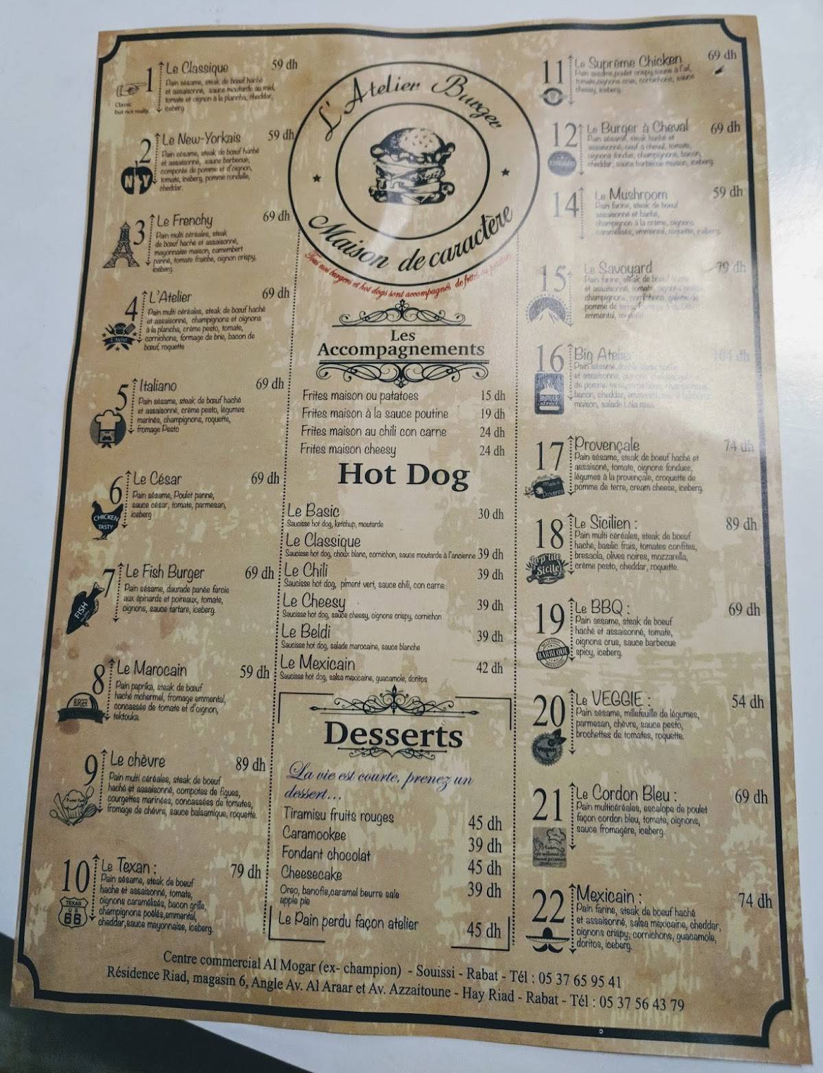 Menu de L'atelier burger