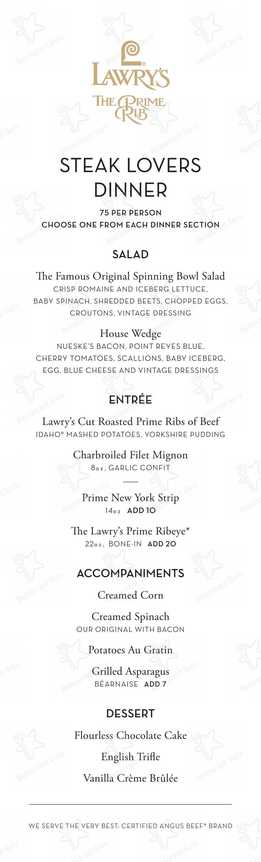 Menu at Lawry's The Prime Rib pub & bar, Beverly Hills