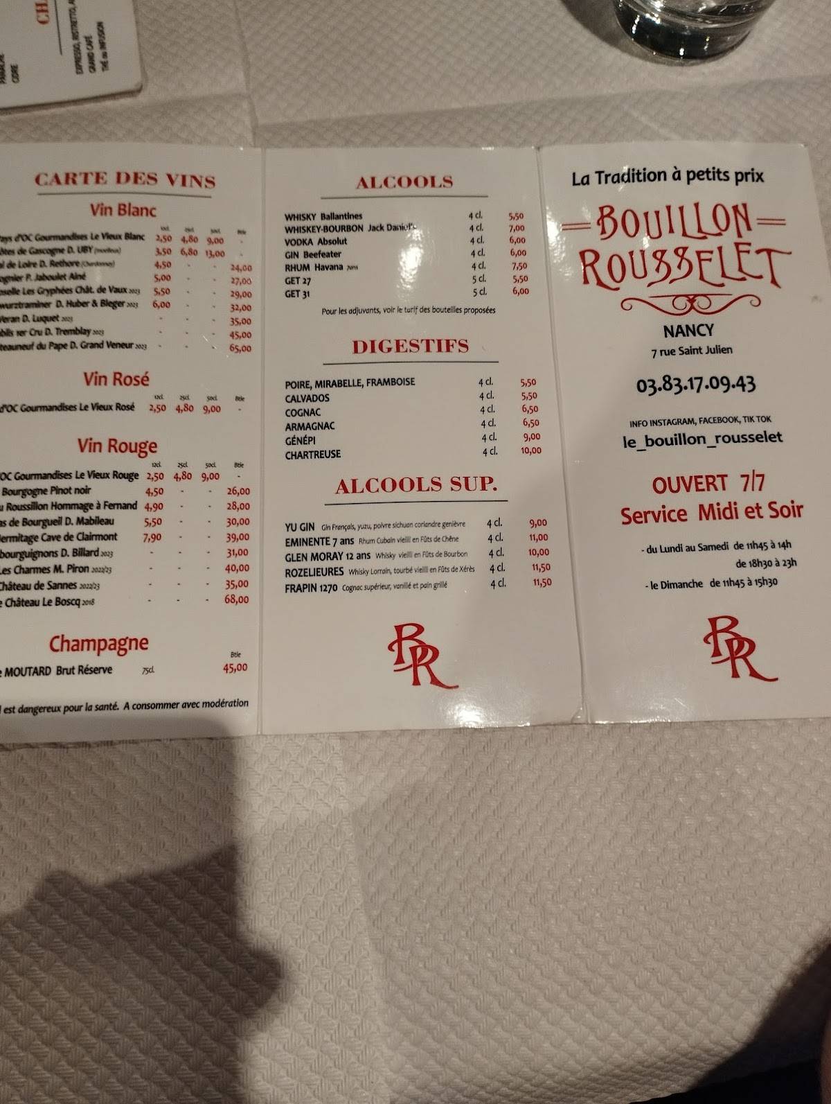 Menu de Le Bouillon Rousselet