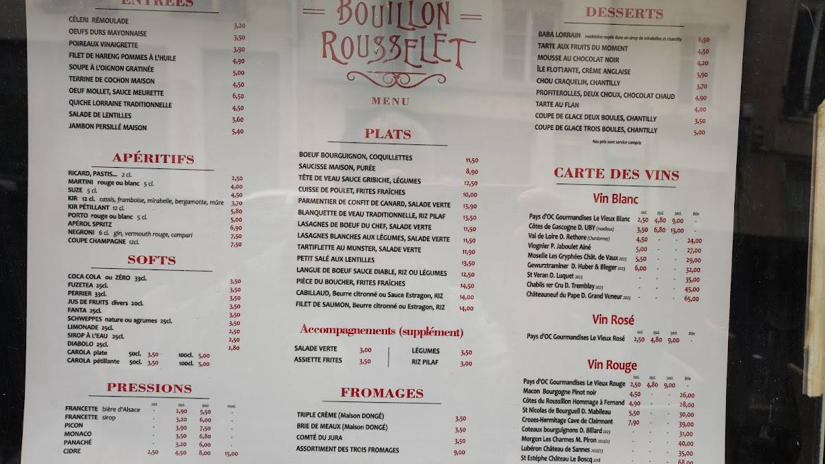 Menu de Le Bouillon Rousselet