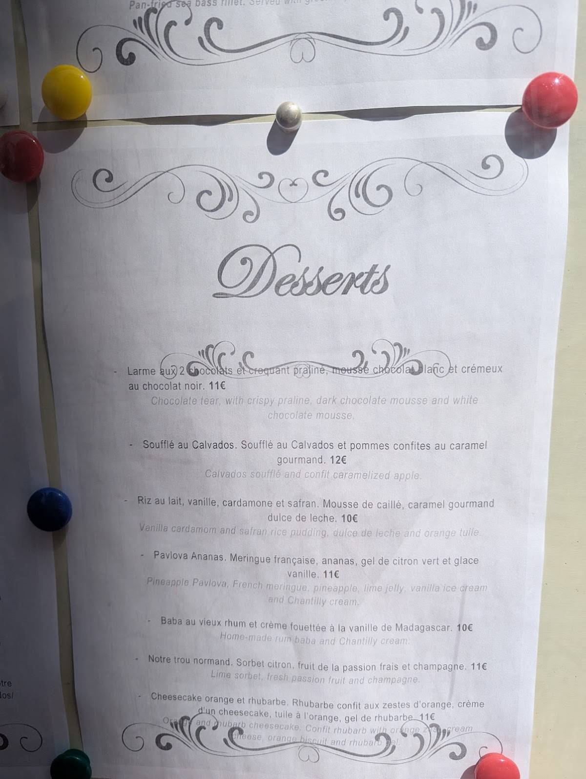 Menu de Le Cantorbery