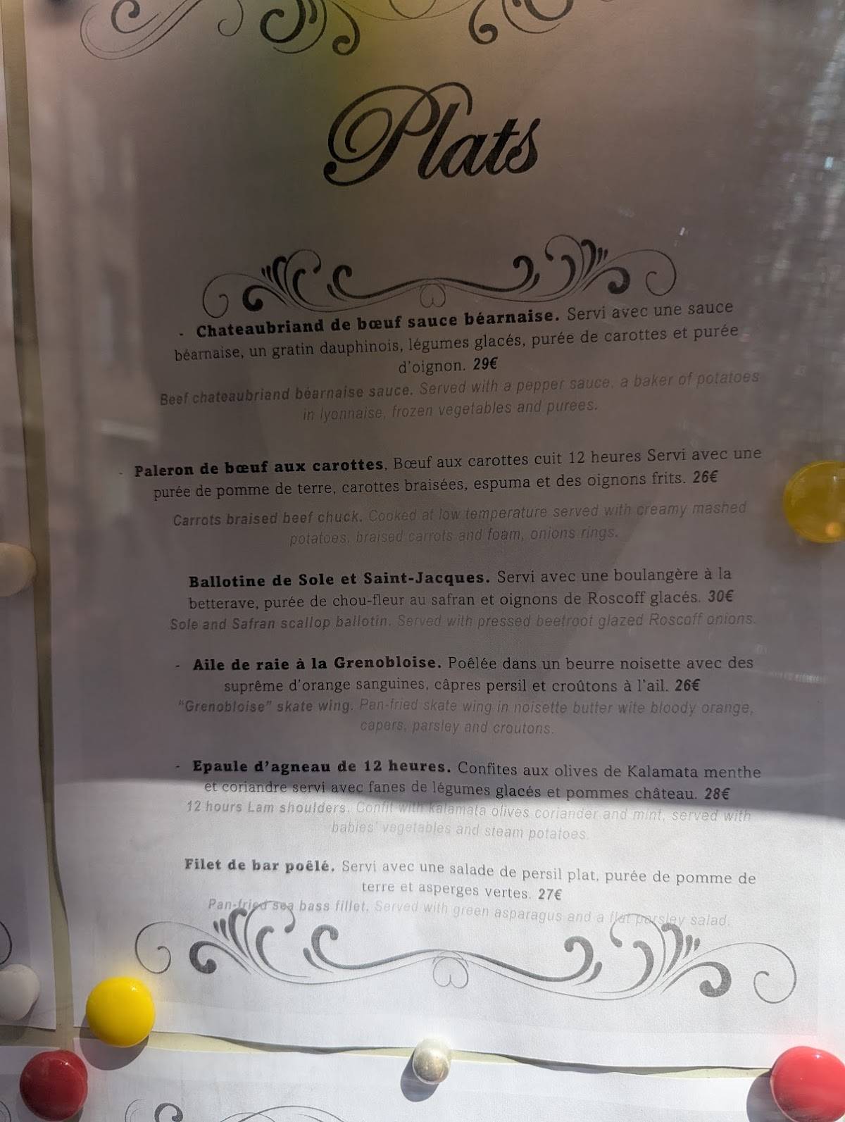 Menu de Le Cantorbery