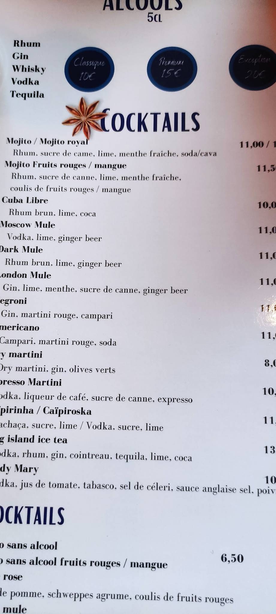 Menu de Le Coach
