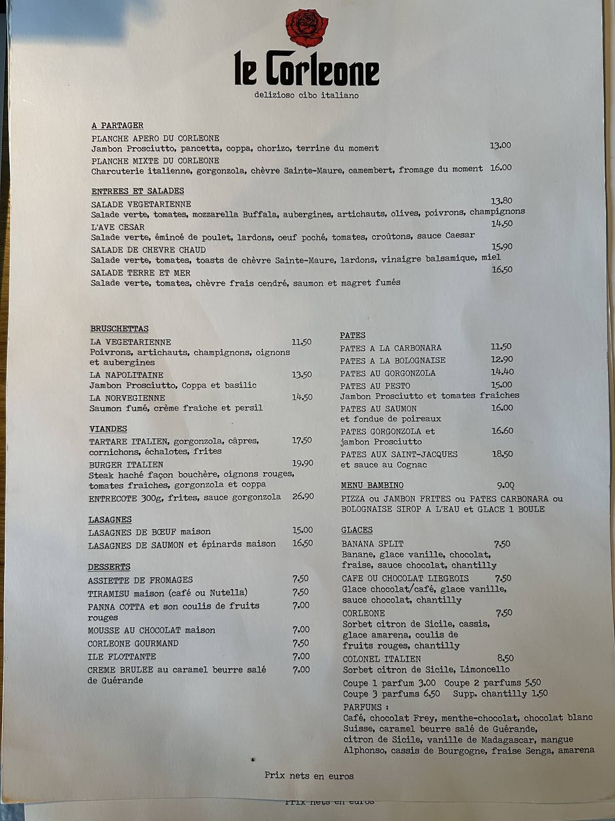 Menu de Le Corléone