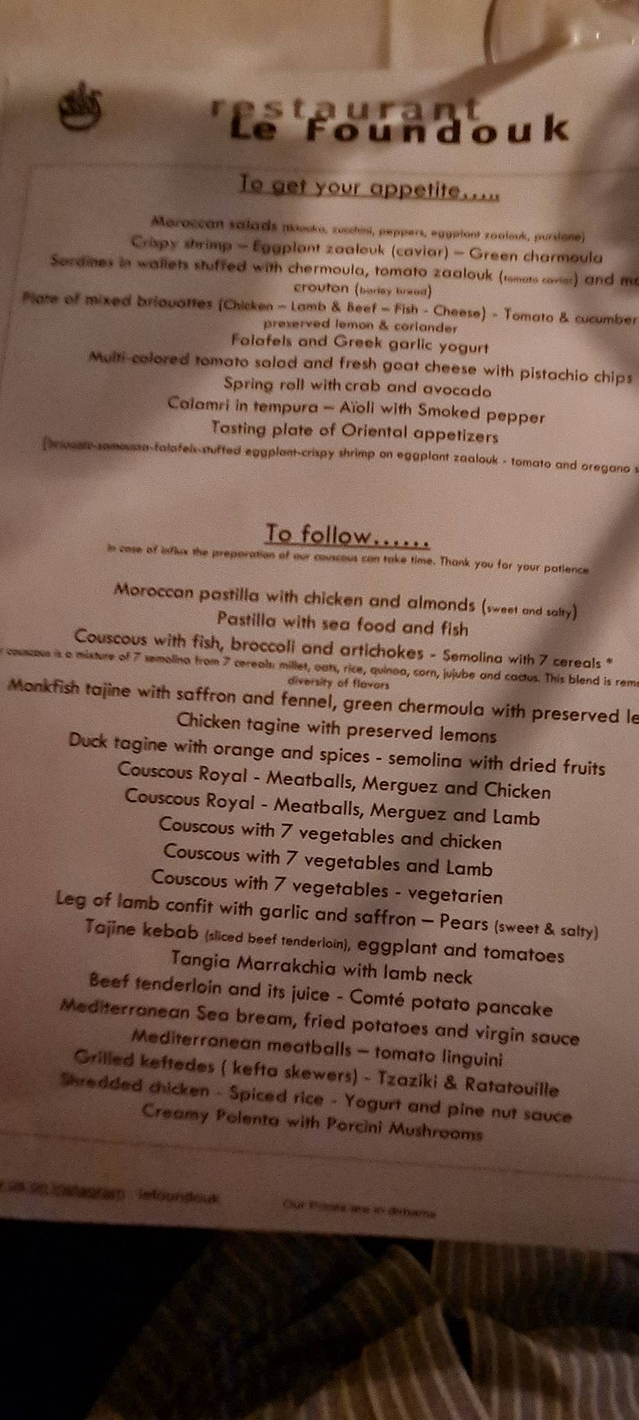 Menu de Le Foundouk
