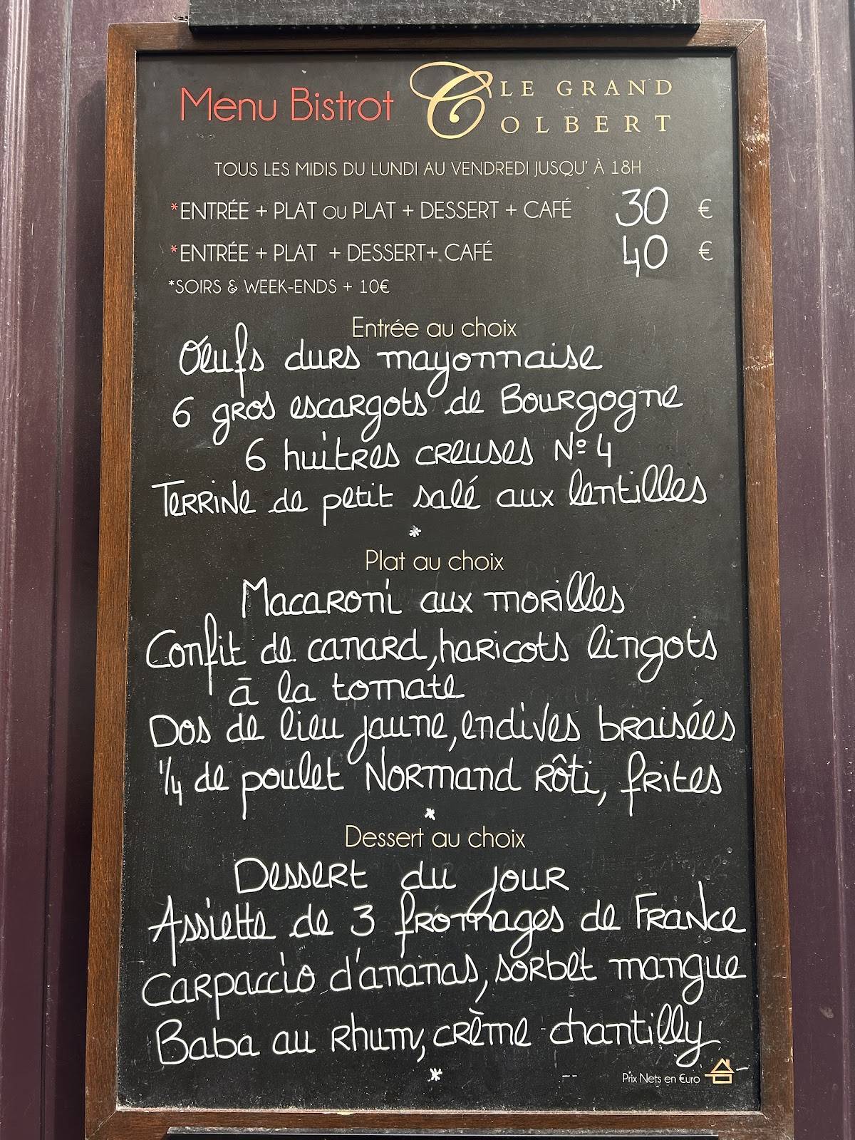 Menu de Le Grand Colbert