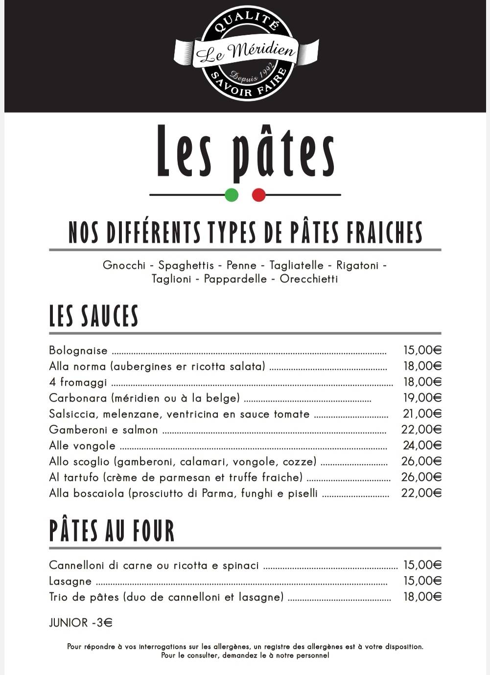 Menu de Le Méridien Le Roeulx