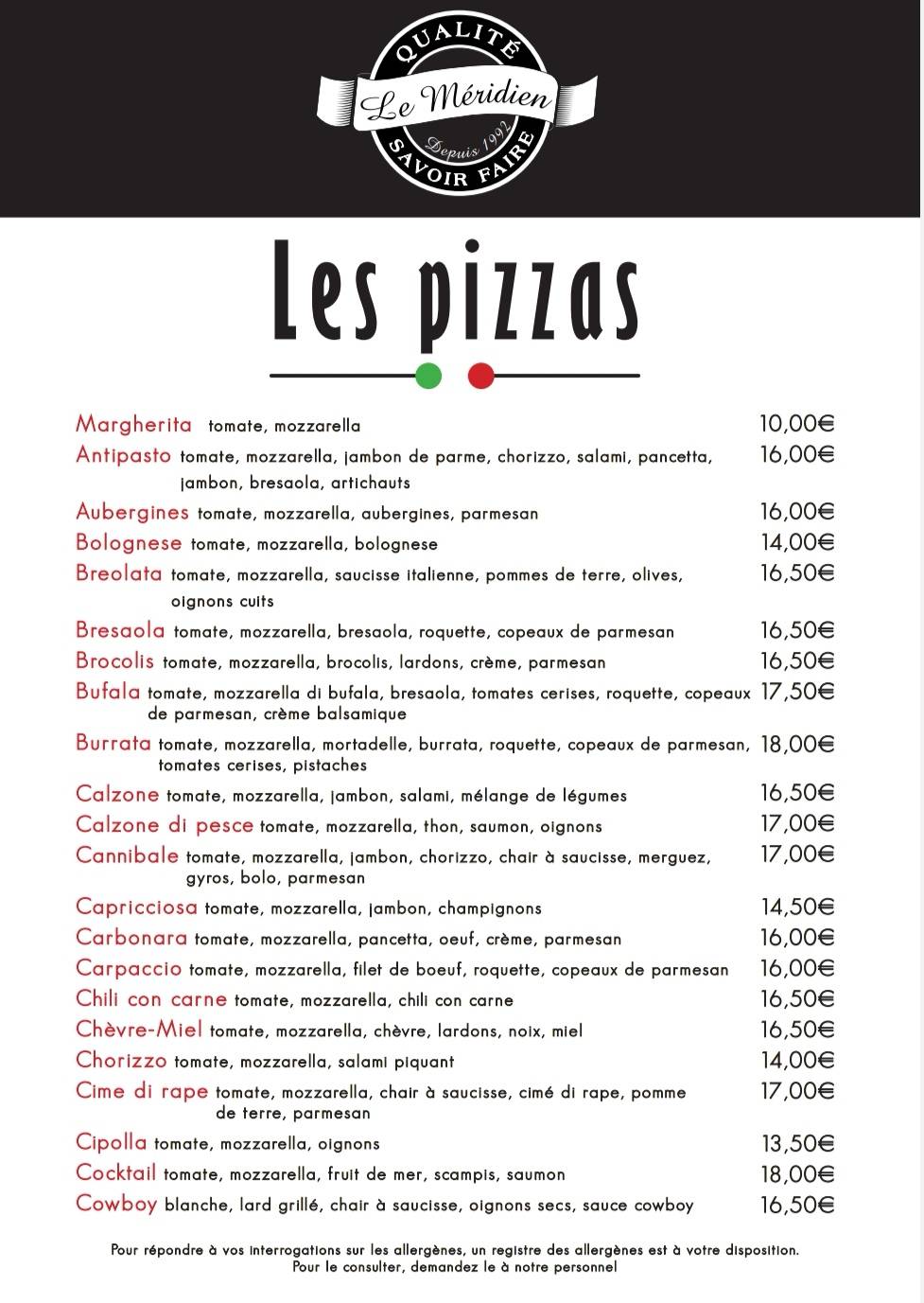 Menu de Le Méridien Le Roeulx