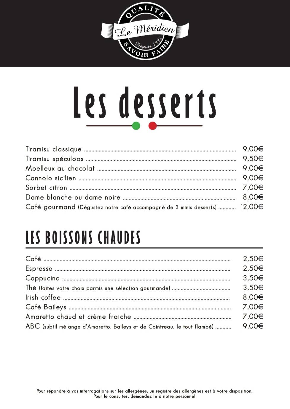 Menu de Le Méridien Le Roeulx