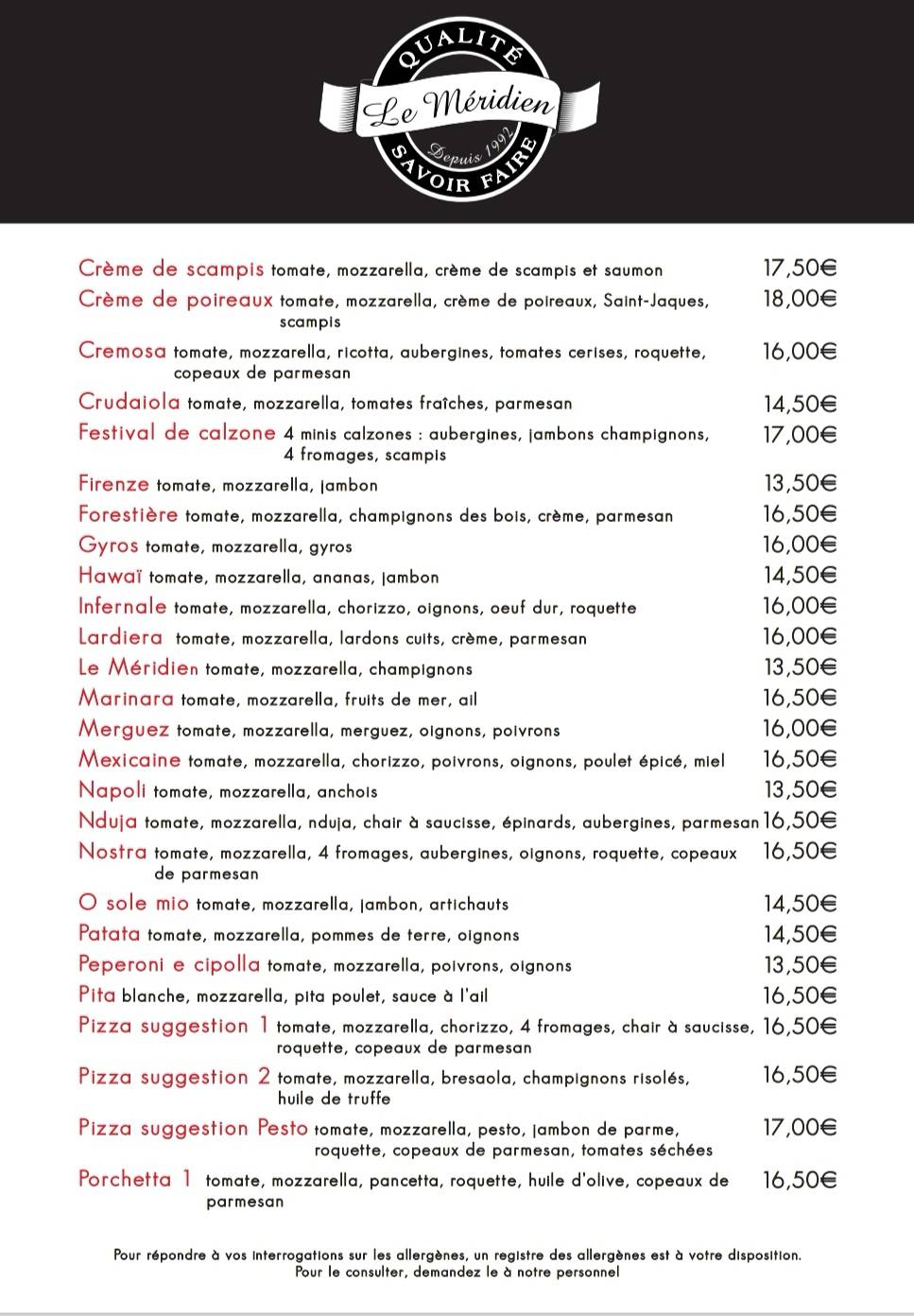Menu de Le Méridien Le Roeulx