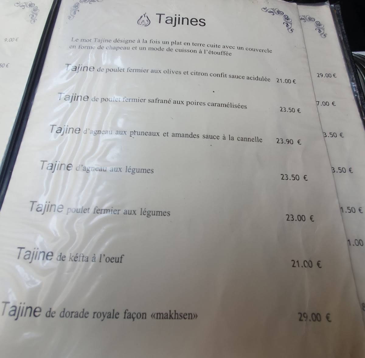 Menu de Le Riad