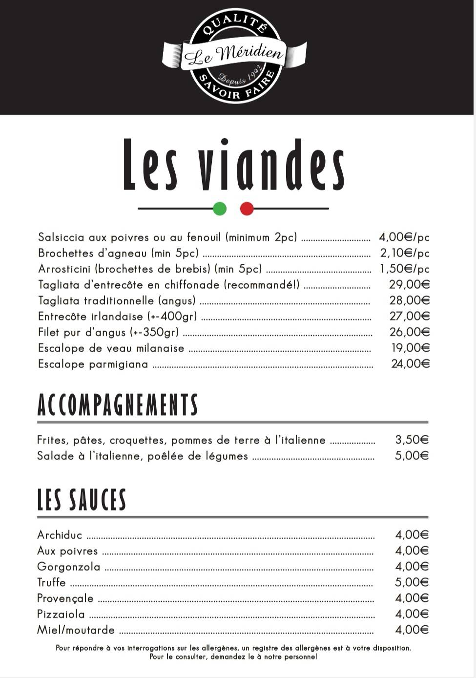 Menu de Le Méridien Le Roeulx