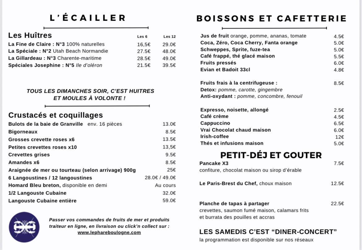 Menu de Le Village du Phare - Huîtres et fruits de mer