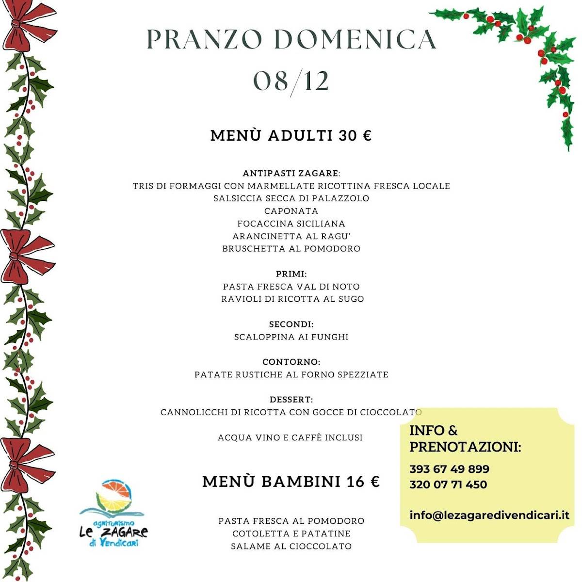 Menu di Le Zagare di Vendicari 