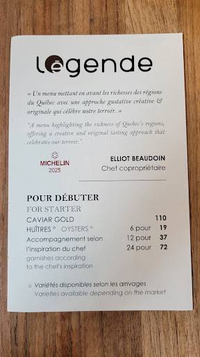 Menu de Restaurant Légende