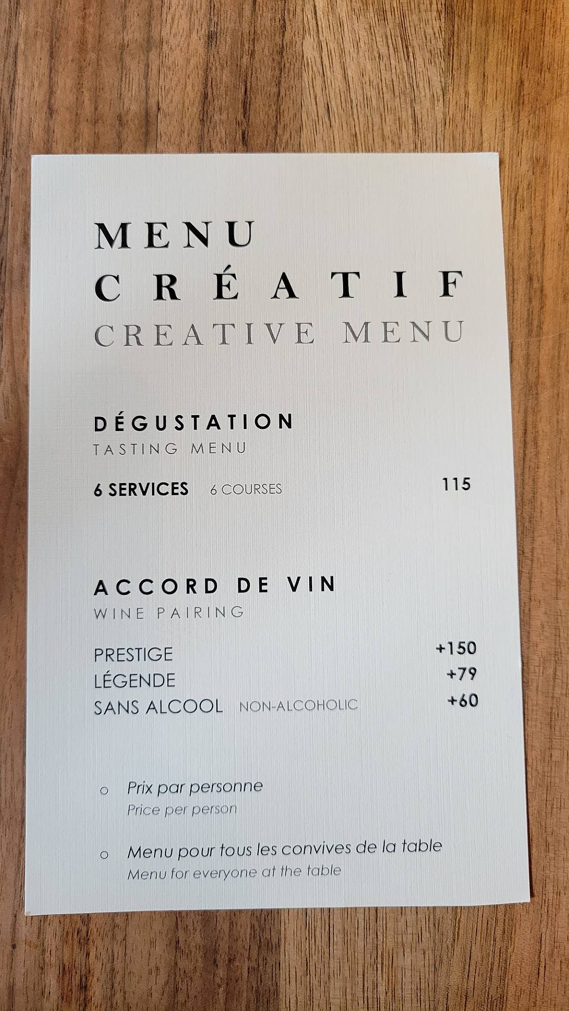 Menu de Restaurant Légende