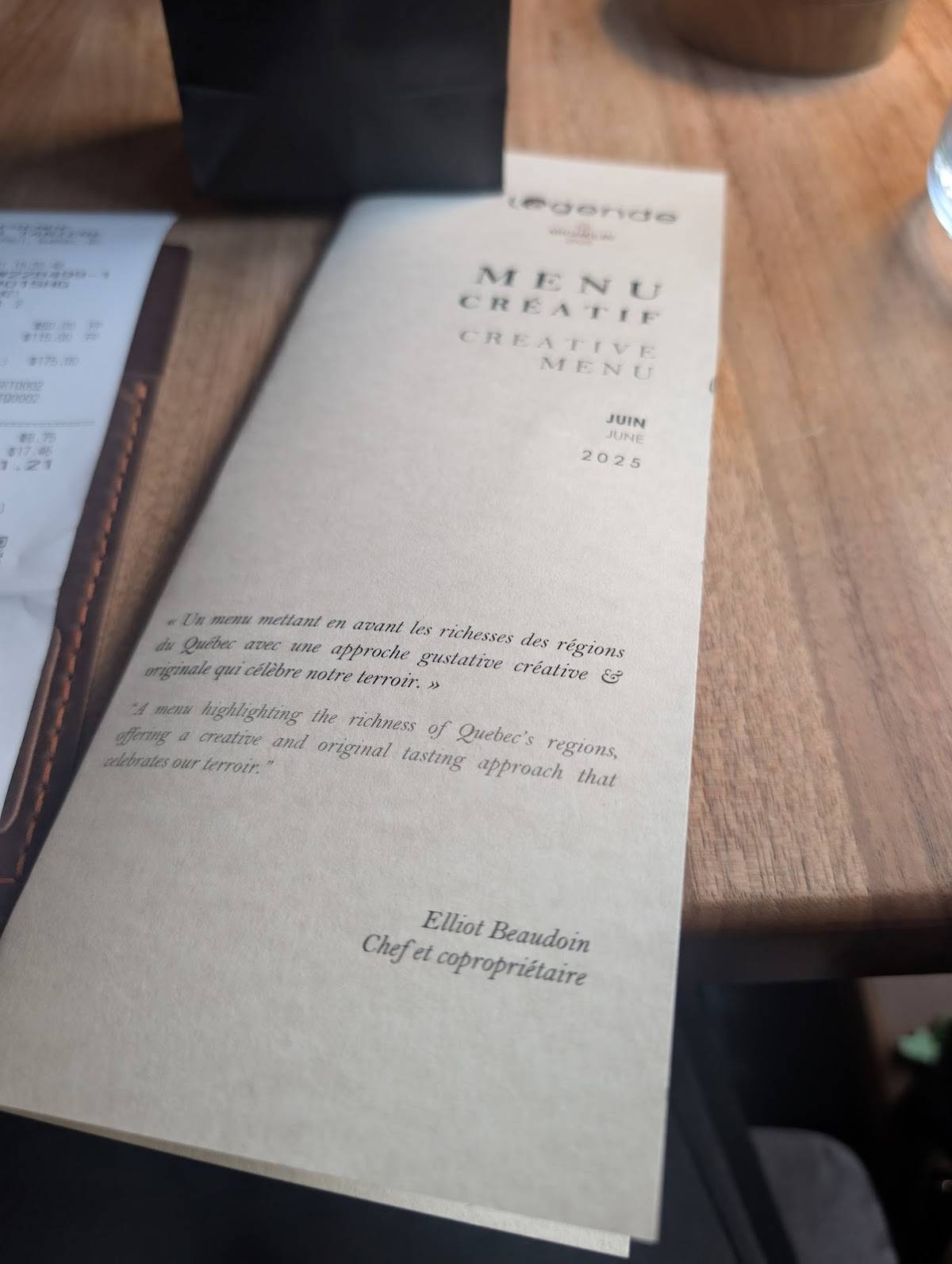 Menu de Restaurant Légende