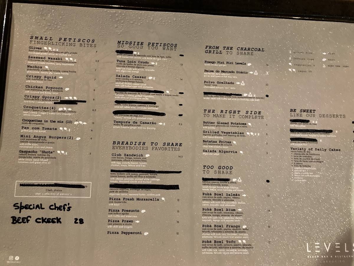 Menu em Levels Carvoeiro restaurante, Carvoeiro, Largo da Praia 8