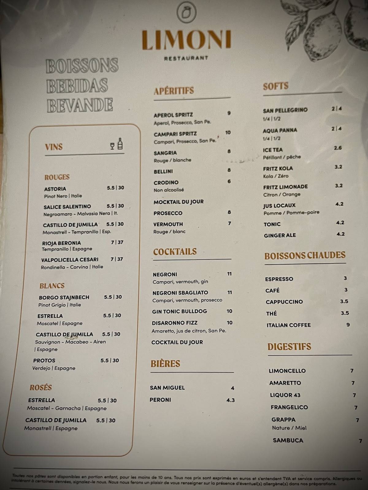 Menu de Limoni - Restaurant
