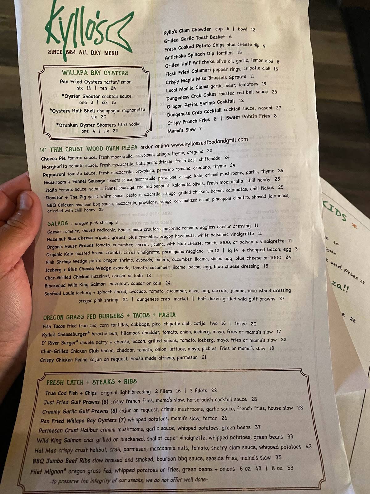 Menu at Kyllo’s Seafood & Grill restaurant, Lincoln City