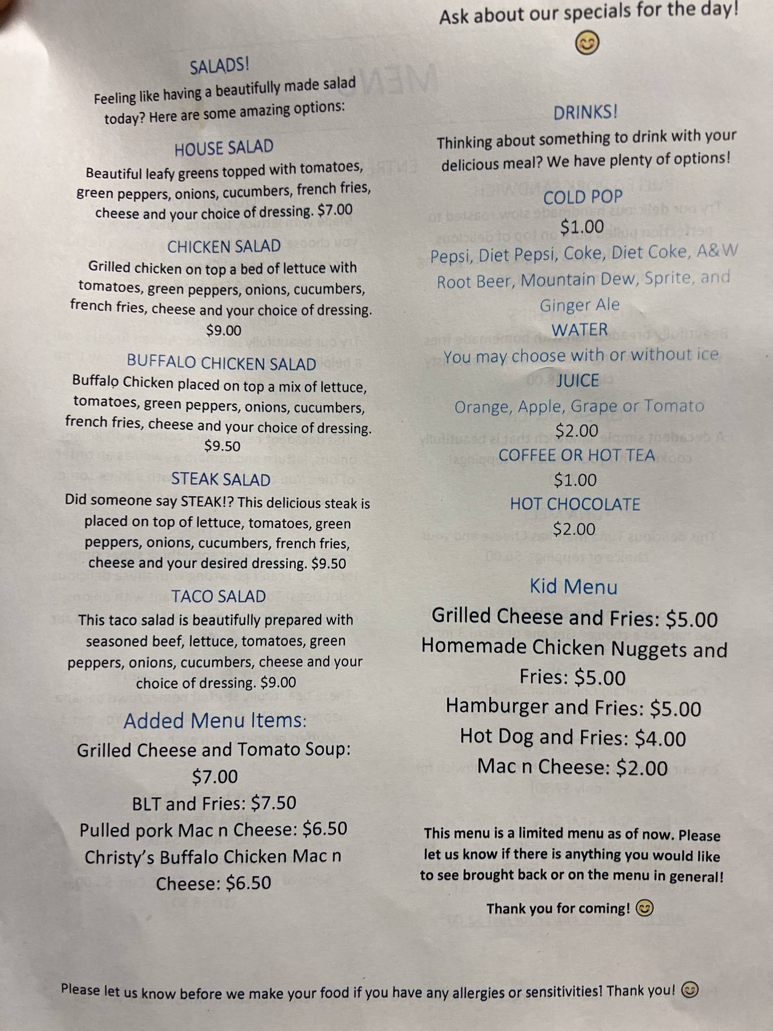 Menu at Pampeno’s Good Eats and Sweet Treats restaurant, Ford City