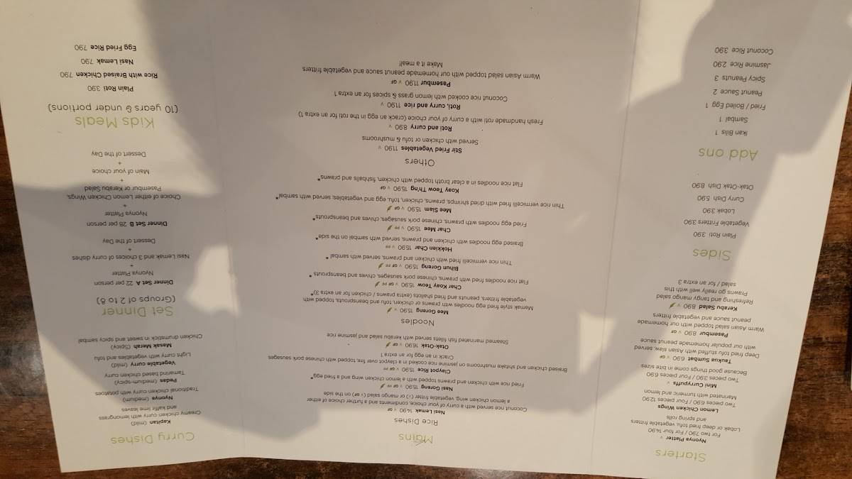 Menu at Little Penang restaurant, Wellington, 179 Victoria St