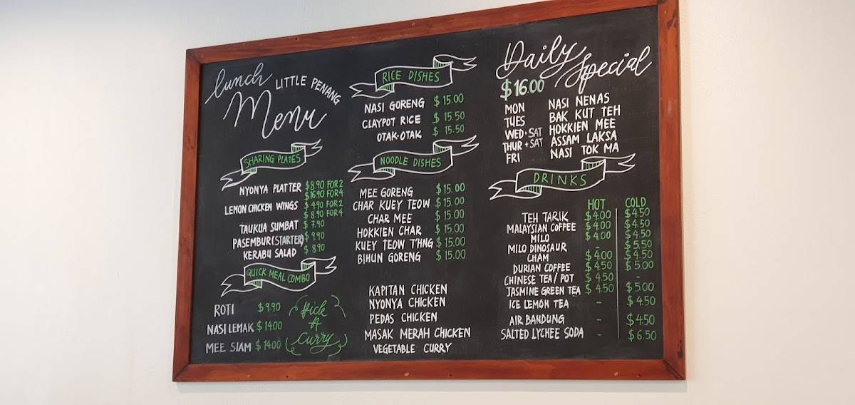 Menu at Little Penang restaurant, Wellington, 179 Victoria St