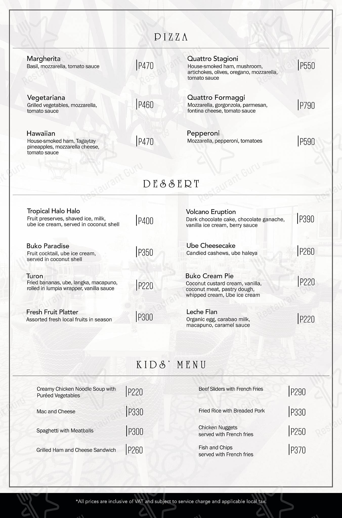 Taal Vista Hotel menu