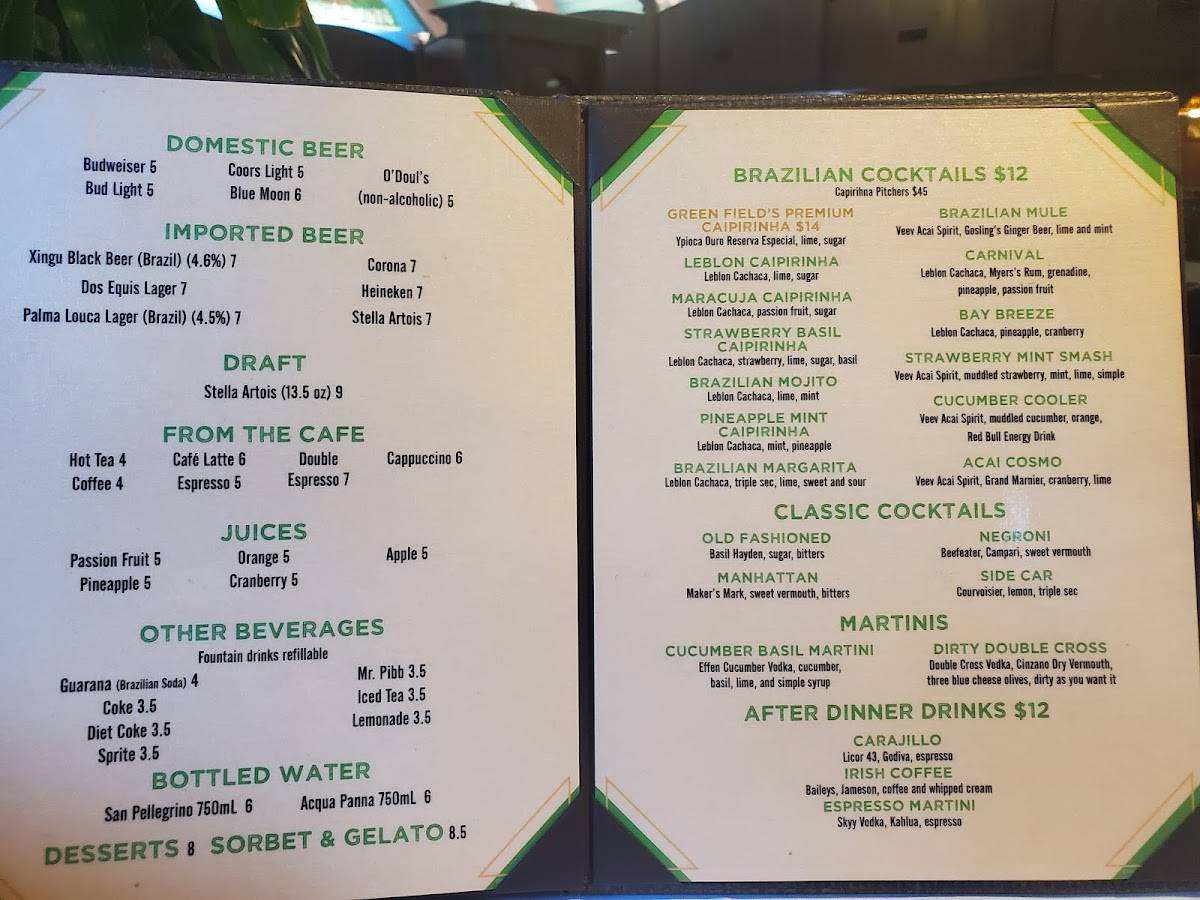 Menu at Green Field Churrascaria steakhouse, Long Beach