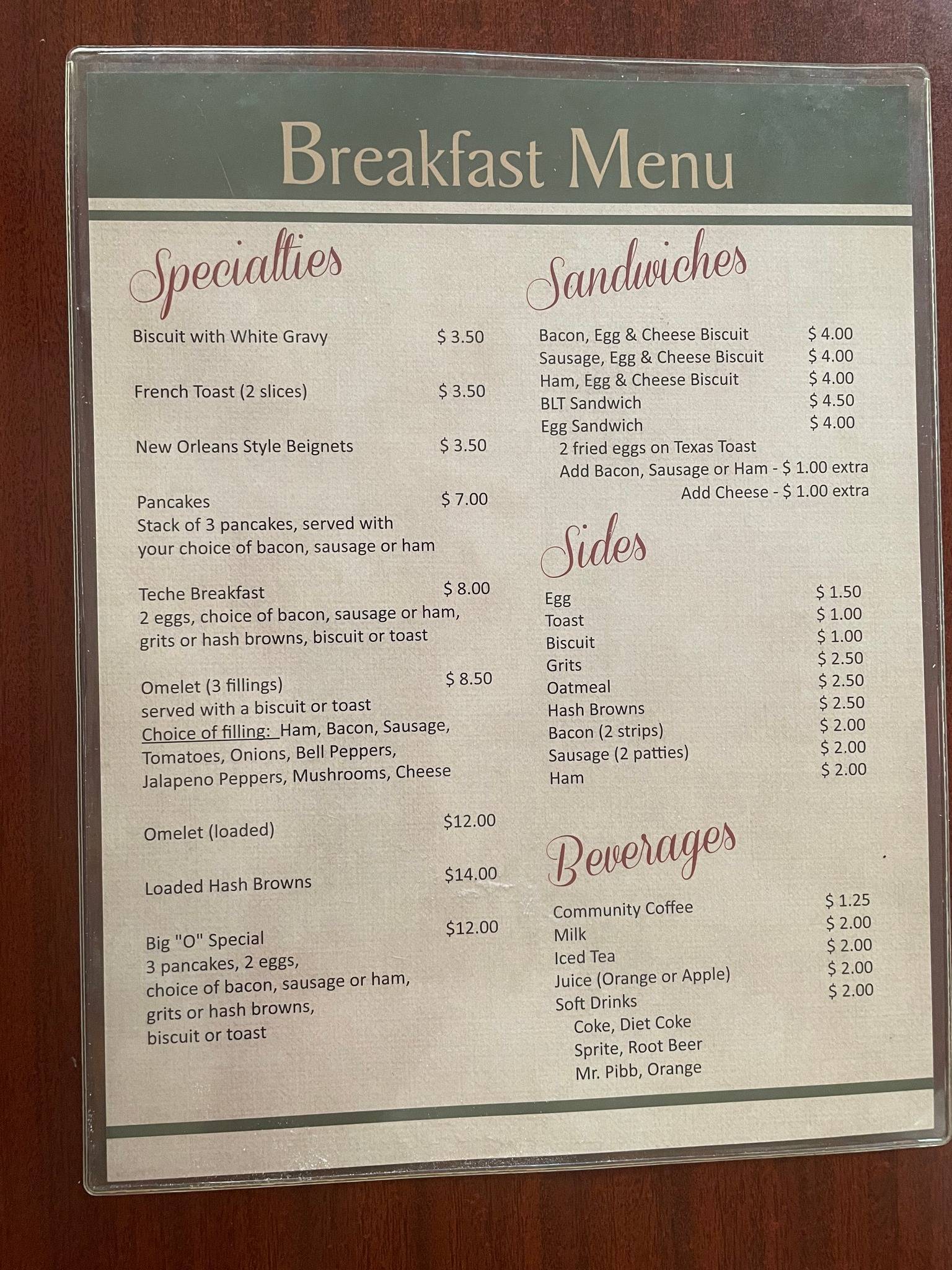 Menu at Teche Cafe, Loreauville