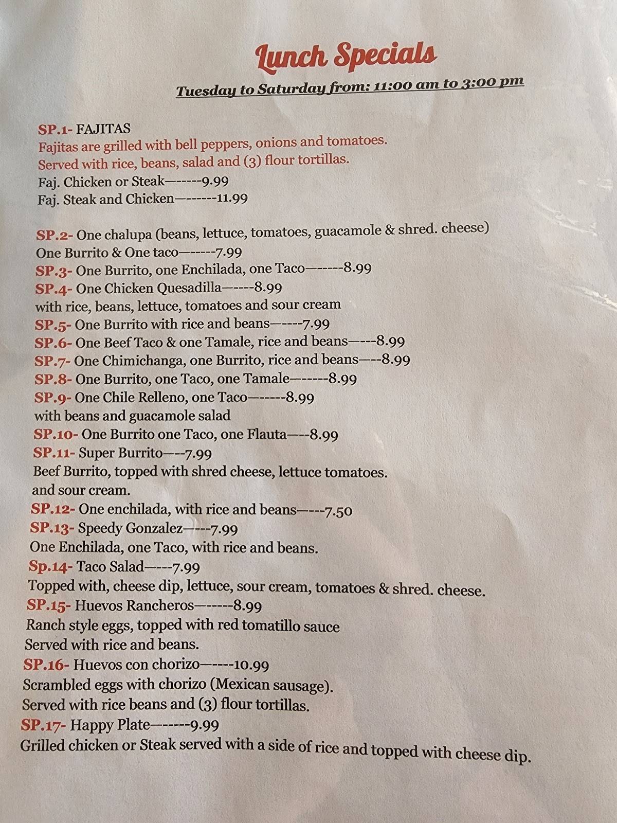 Menu at Los Agaves Mexican Restaurant, Yazoo City