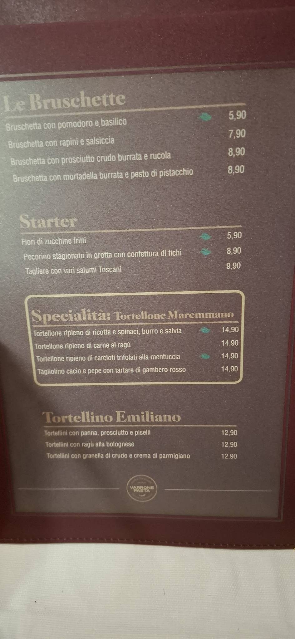 Menu de Varrone Pasta